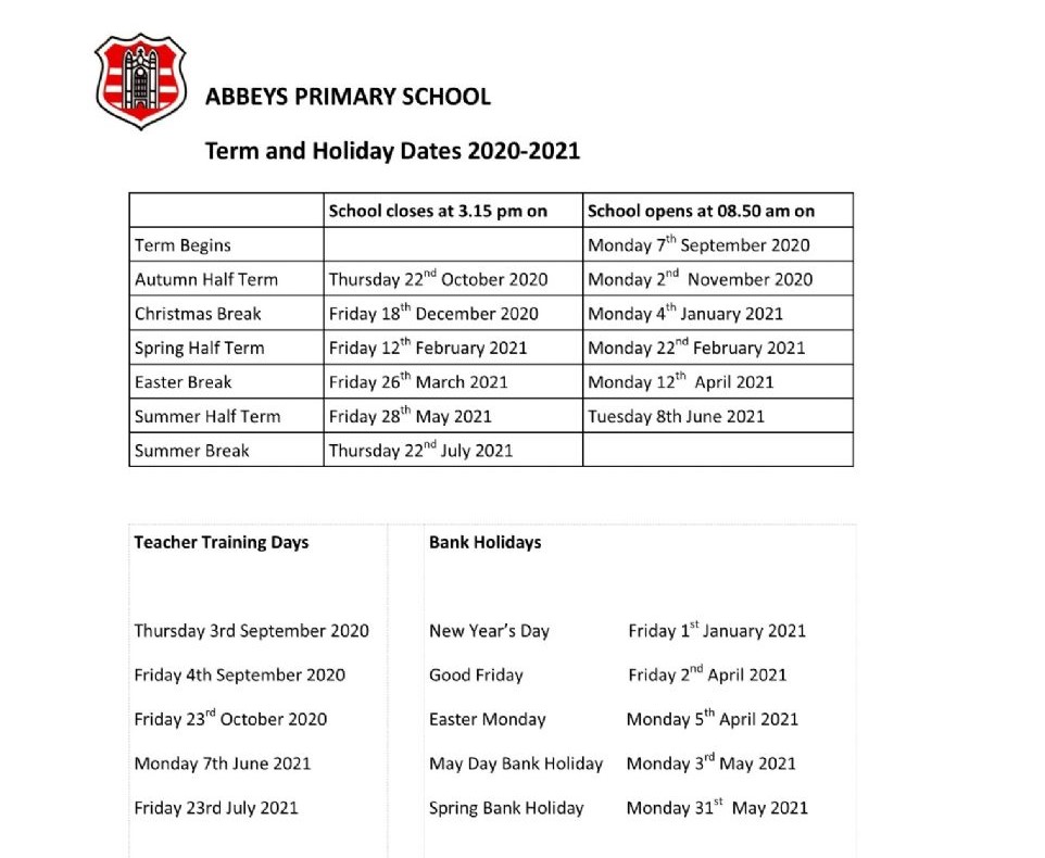 Abbeys Primary School Term and Holiday Dates